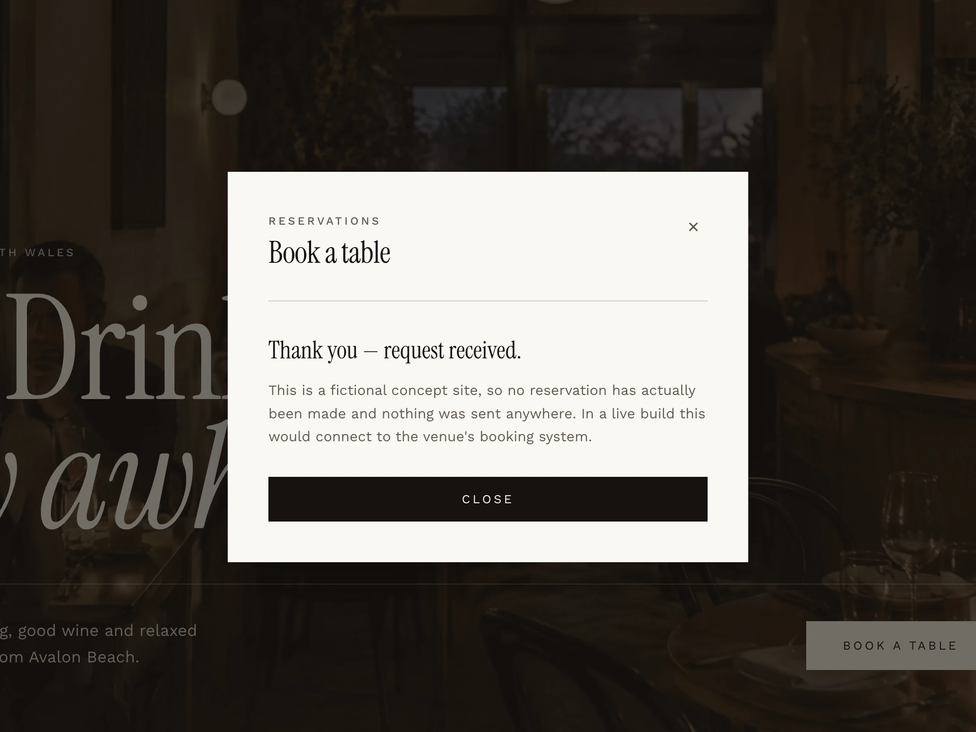Salt House Book a Table modal open over the dimmed homepage, showing the “Thank you — request received” confirmation and a note that no real booking was made