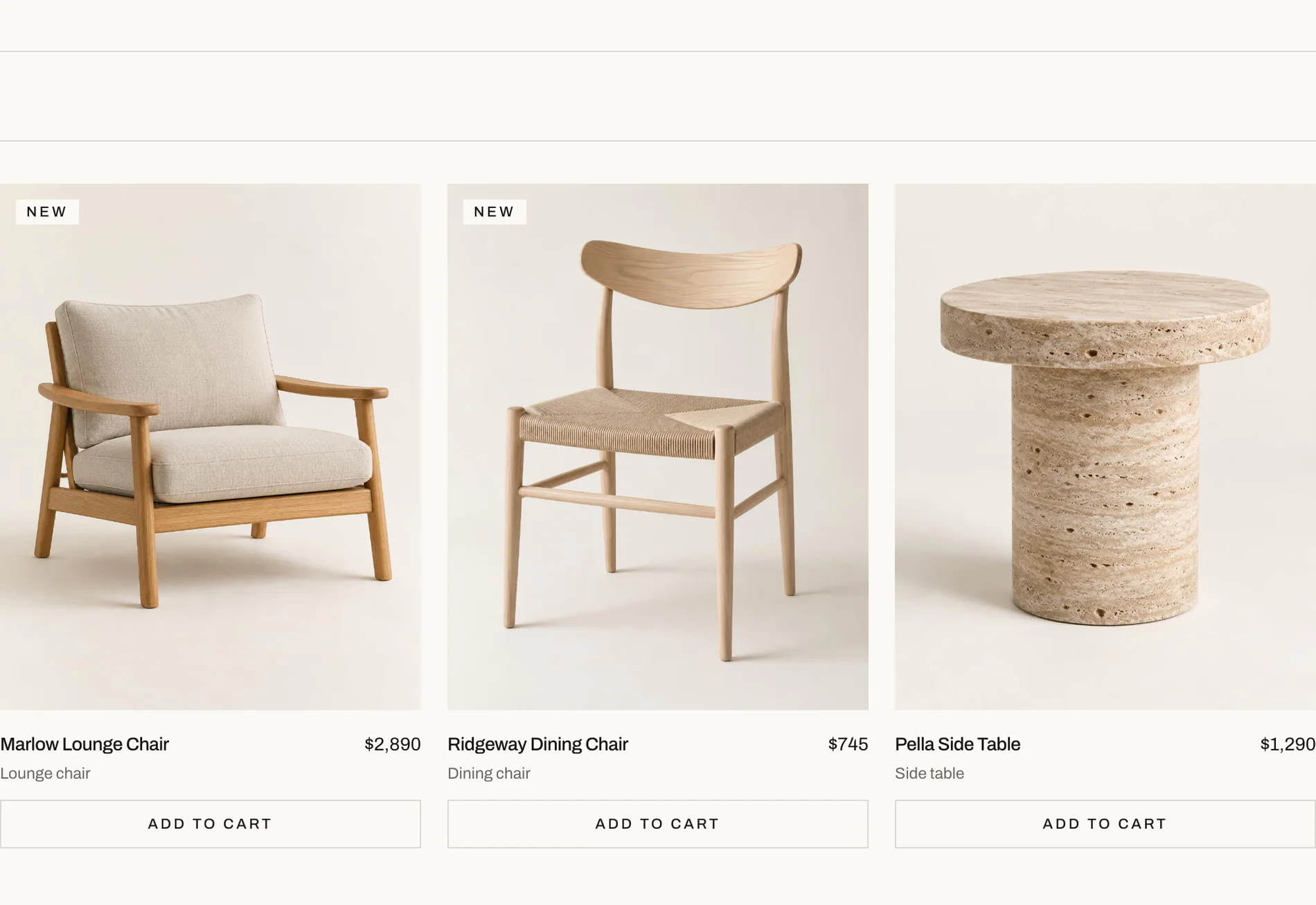 Website design concept for Assembly, a fictional Australian furniture, lighting and homewares retailer, showing three products from its shop with prices and Add to Cart buttons
