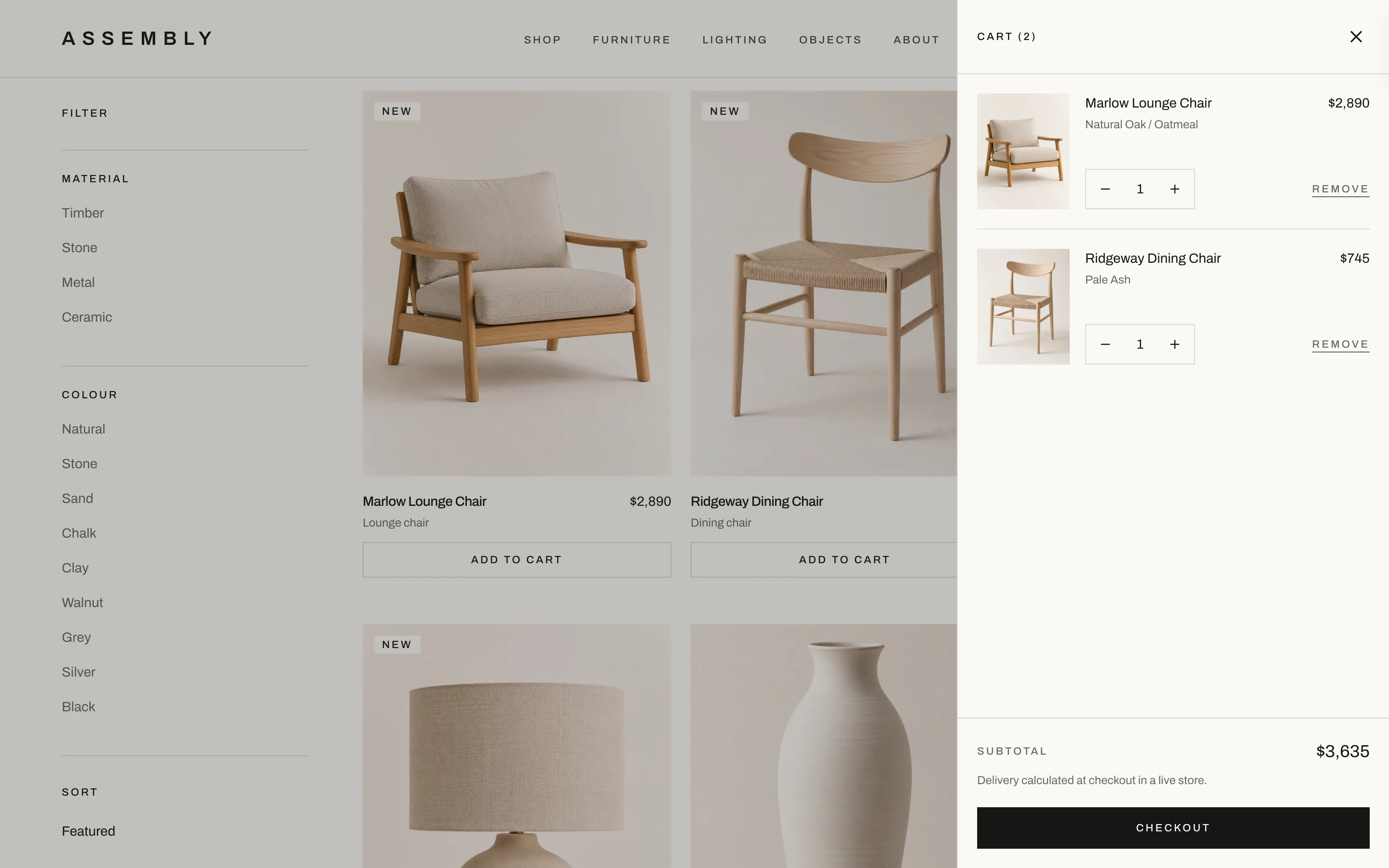 Assembly cart drawer open over the dimmed shop page, listing two chairs with quantity controls, a $3,635 subtotal and a Checkout button