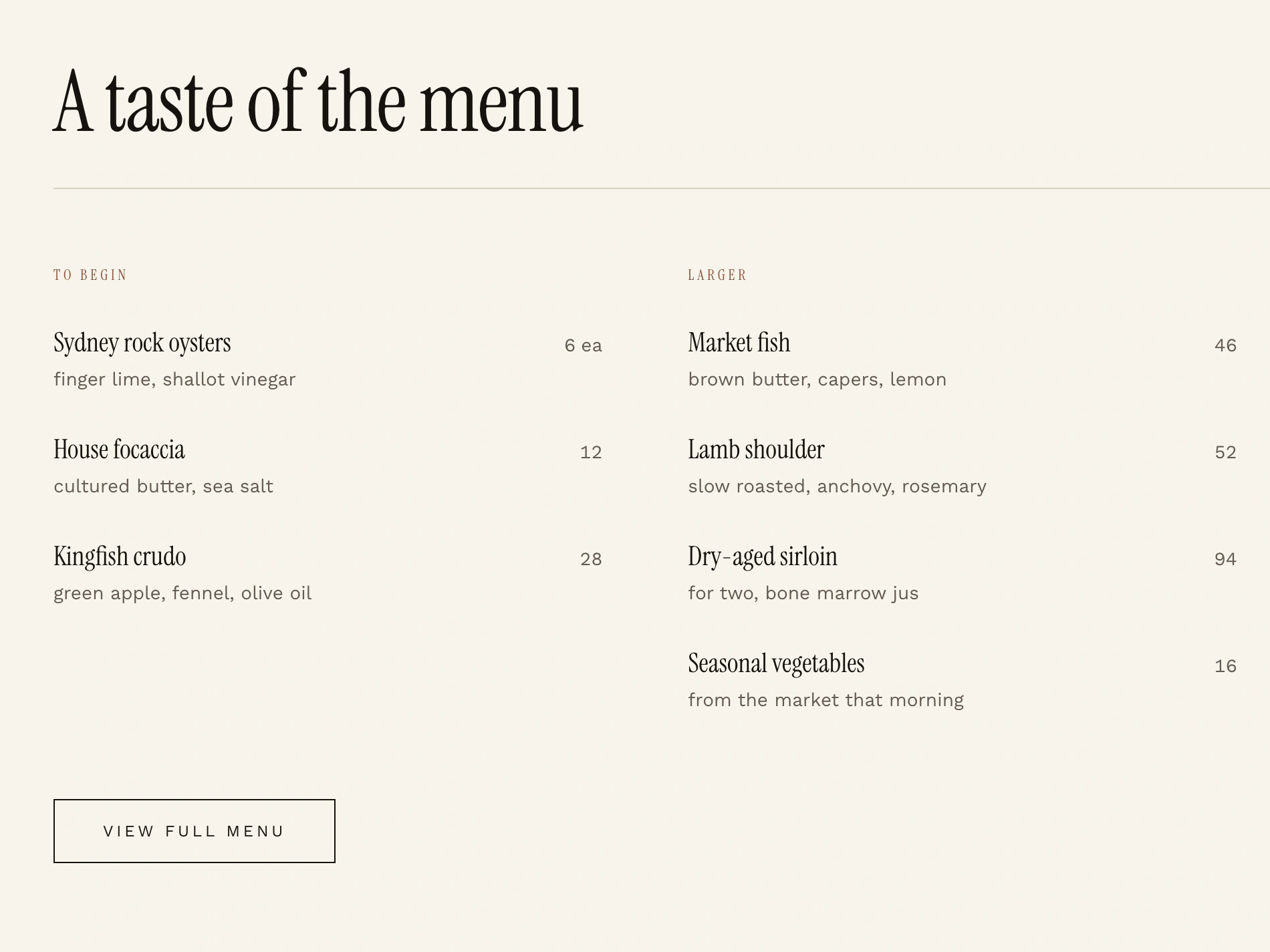 Salt House sample menu, “A taste of the menu”, set in a restrained serif with starters and larger plates listed alongside their prices