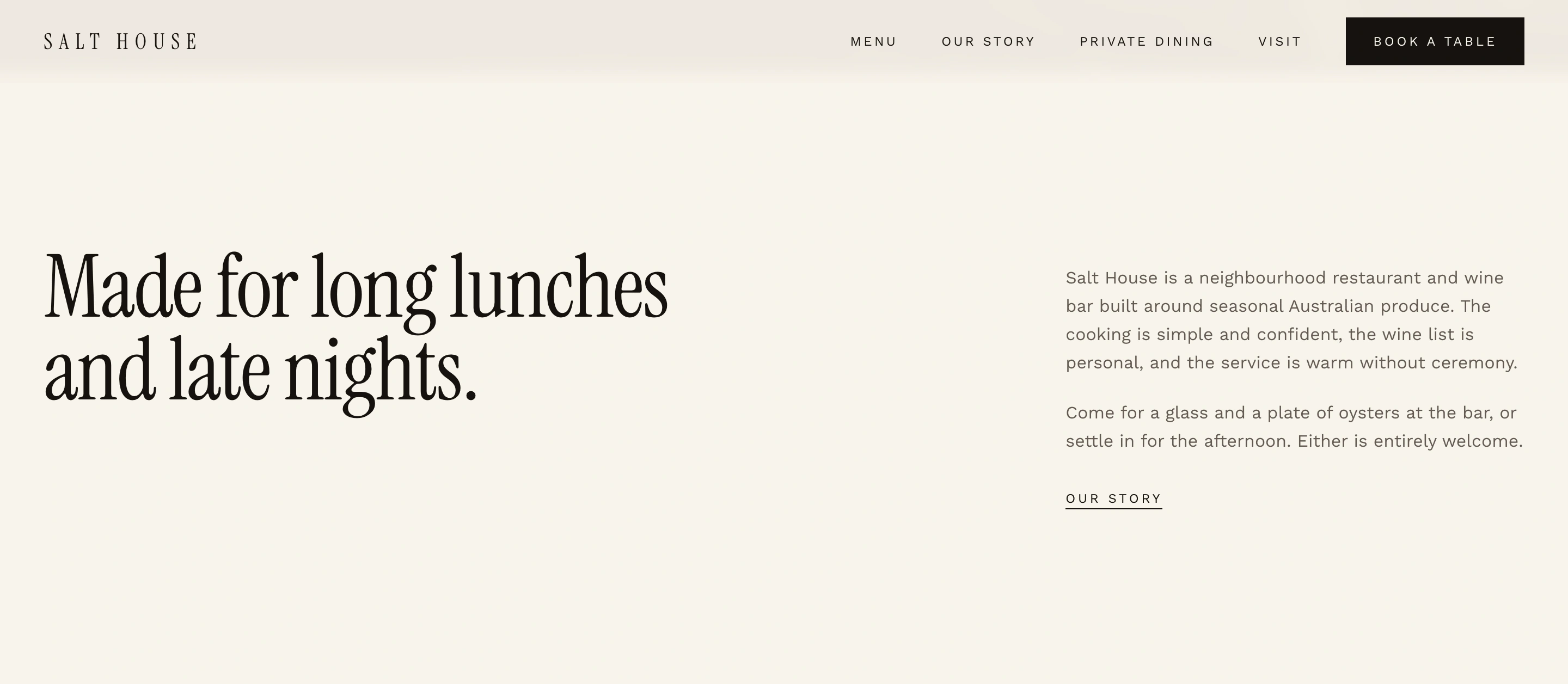 The “Made for long lunches and late nights” section: a large serif headline beside two short paragraphs introducing the restaurant