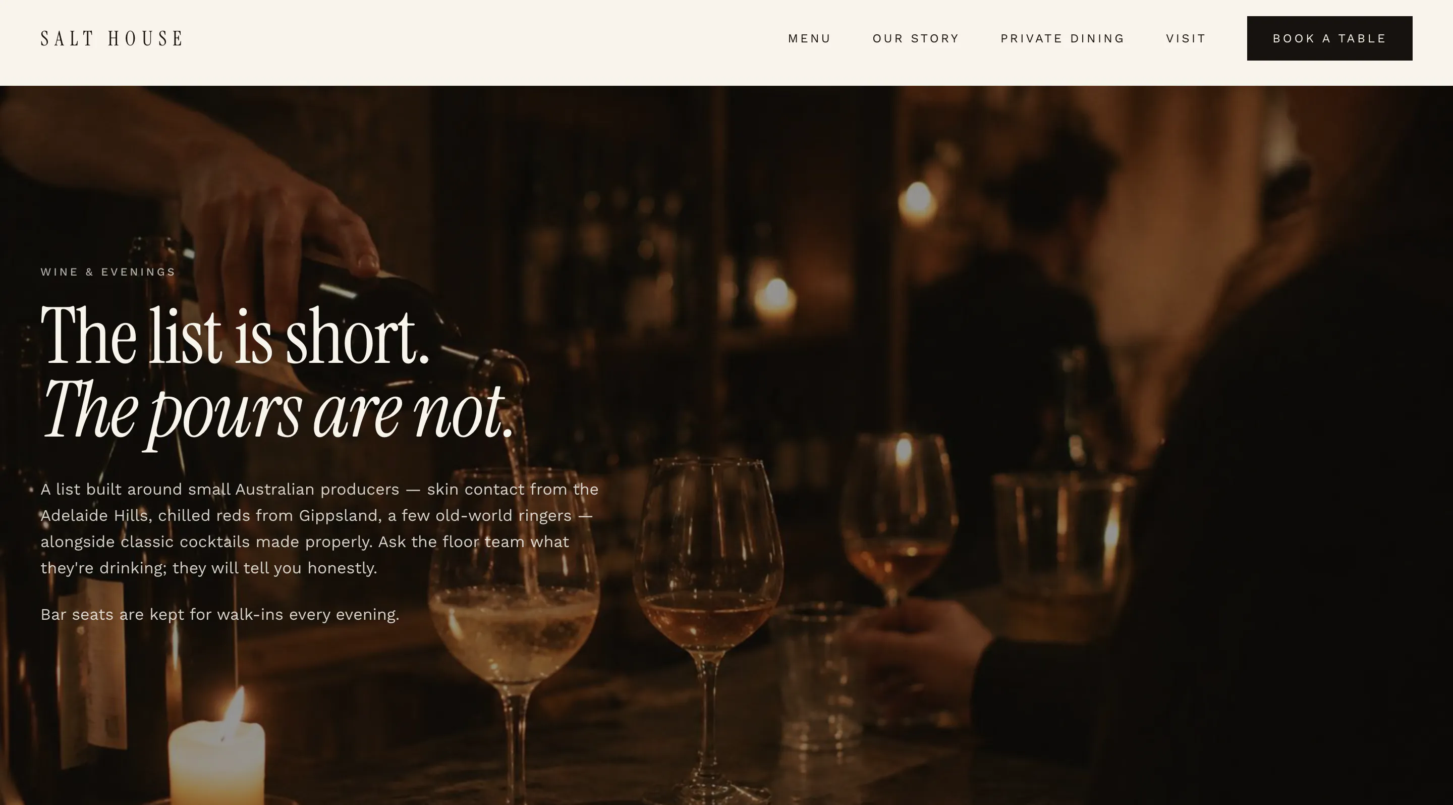 The wine and evenings section — “The list is short. The pours are not.” — set against low evening light