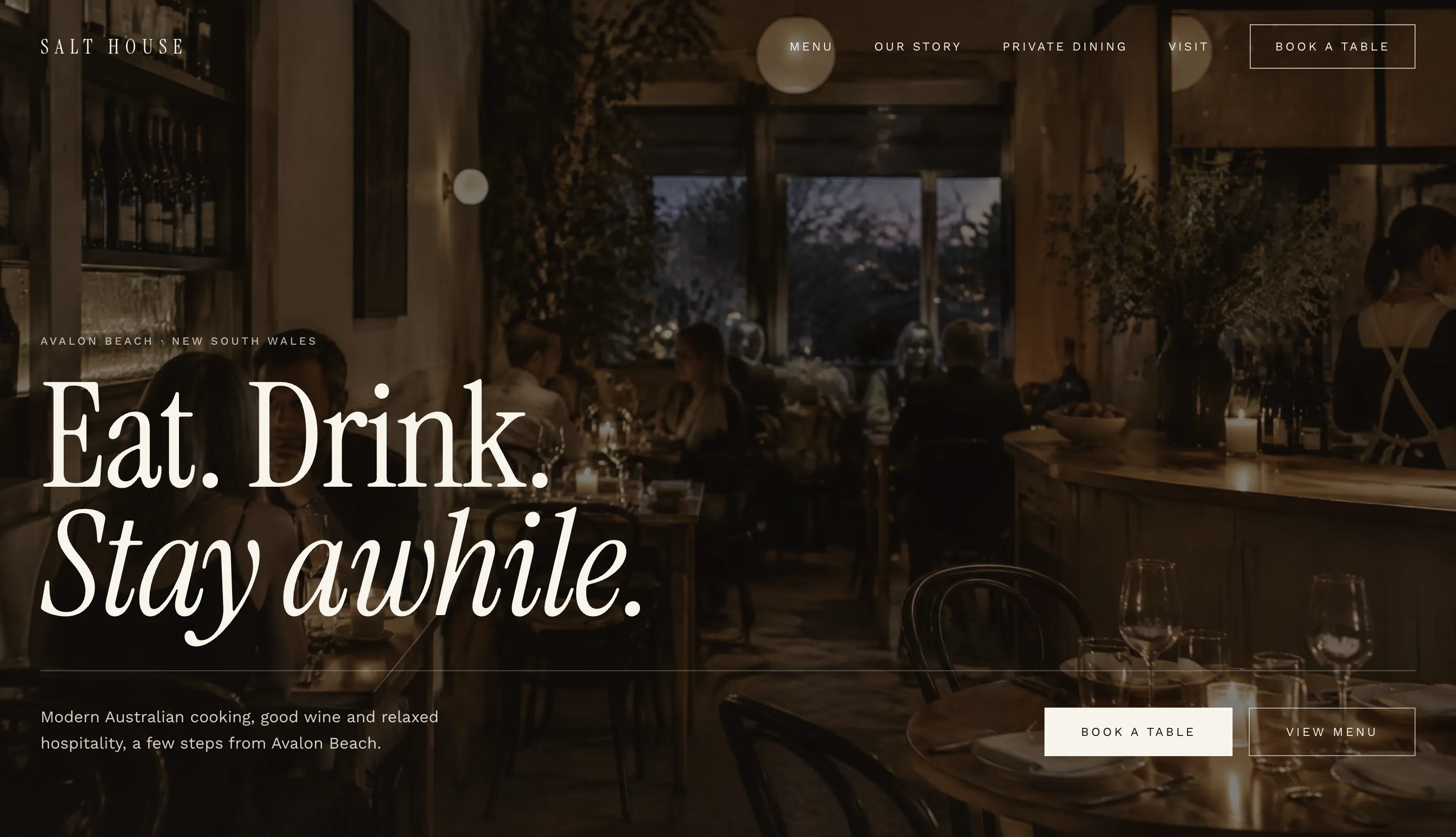 Salt House homepage on a desktop browser, showing the full-bleed hero photograph with the headline “Eat. Drink. Stay awhile.”