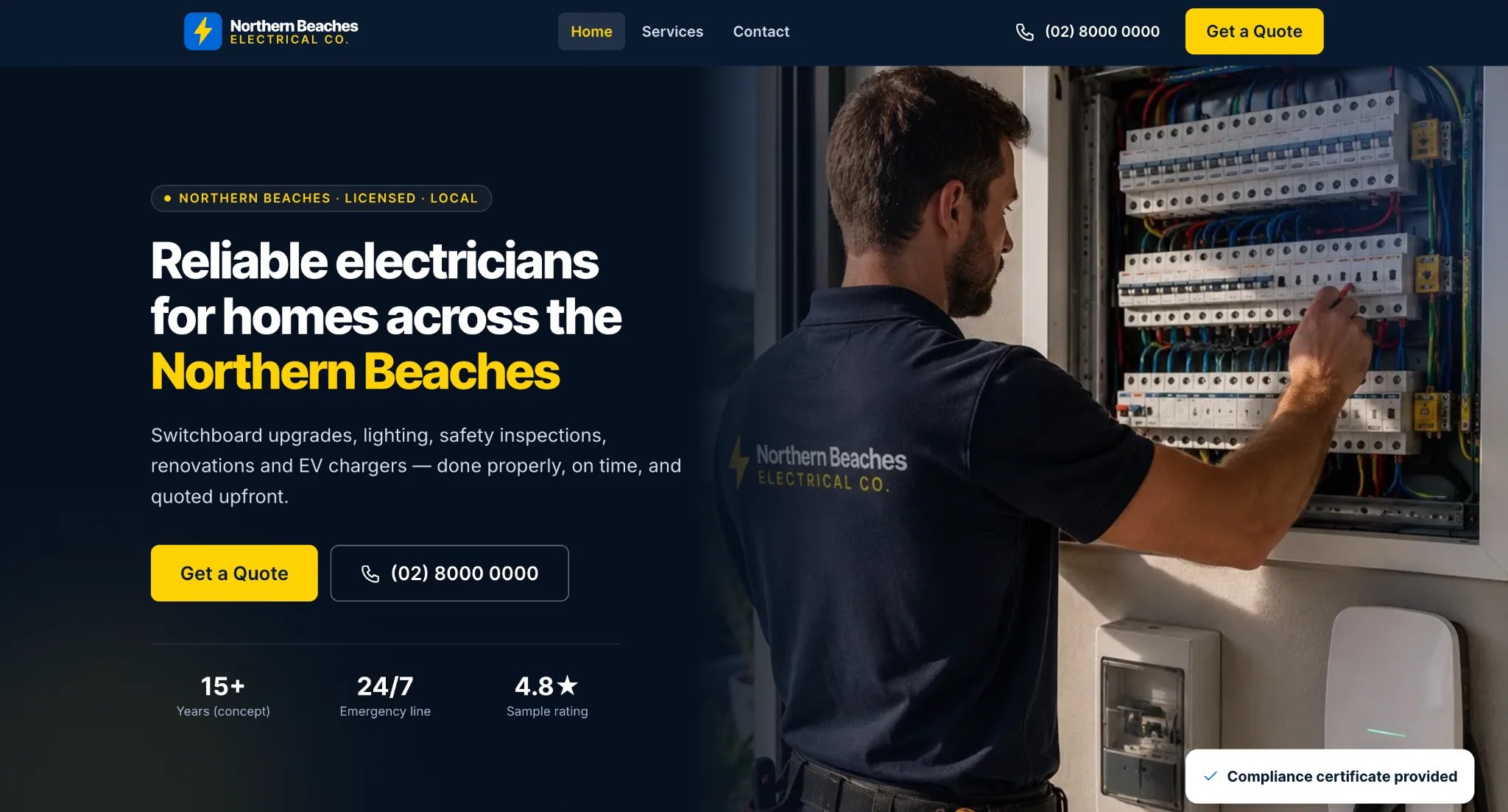 Northern Beaches Electrical Co. homepage on a desktop browser, showing the hero section with a call-to-action to get a quote