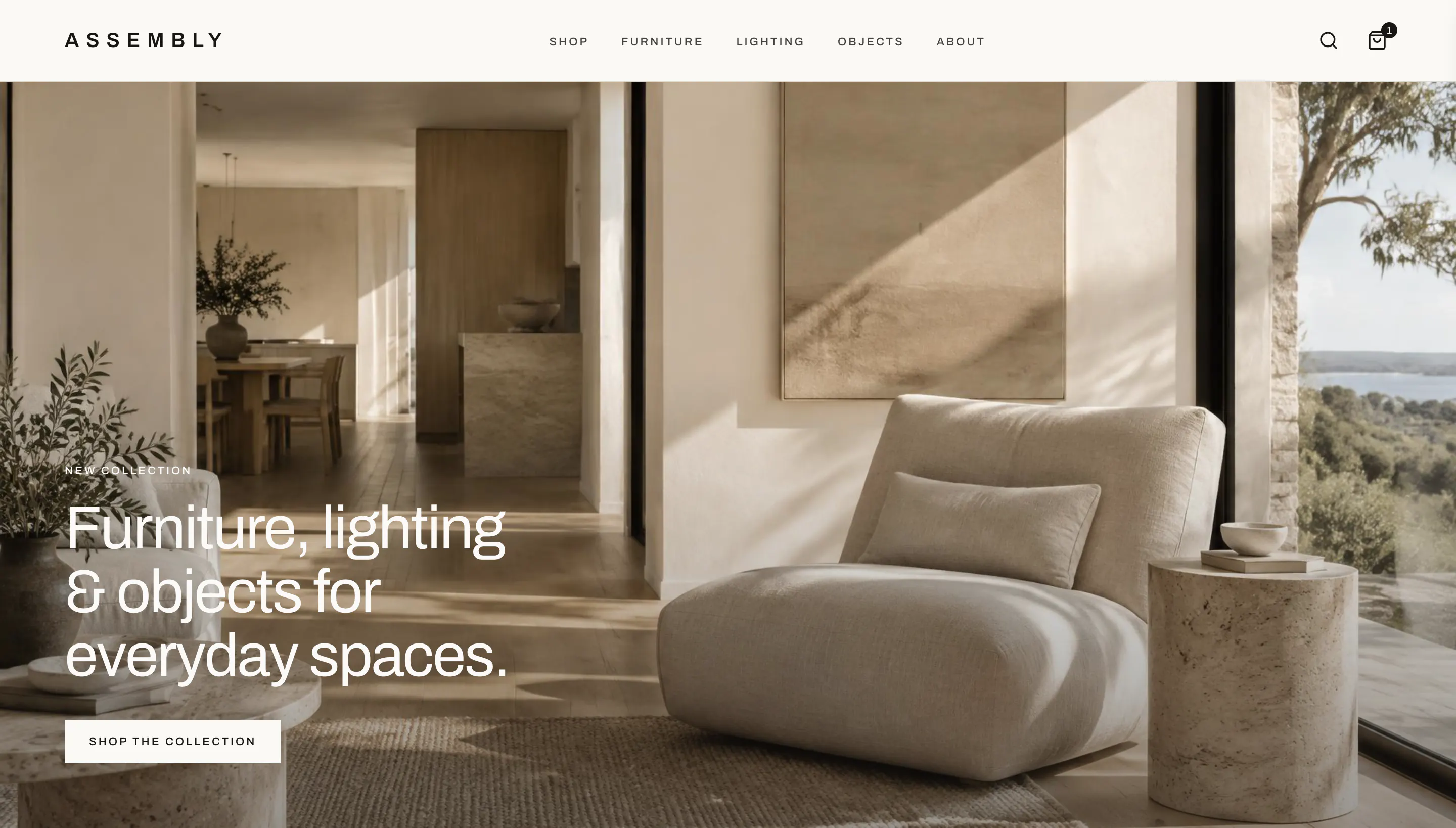 Assembly homepage on a desktop browser: a sunlit living room photograph behind the headline “Furniture, lighting & objects for everyday spaces.” and a Shop the Collection button