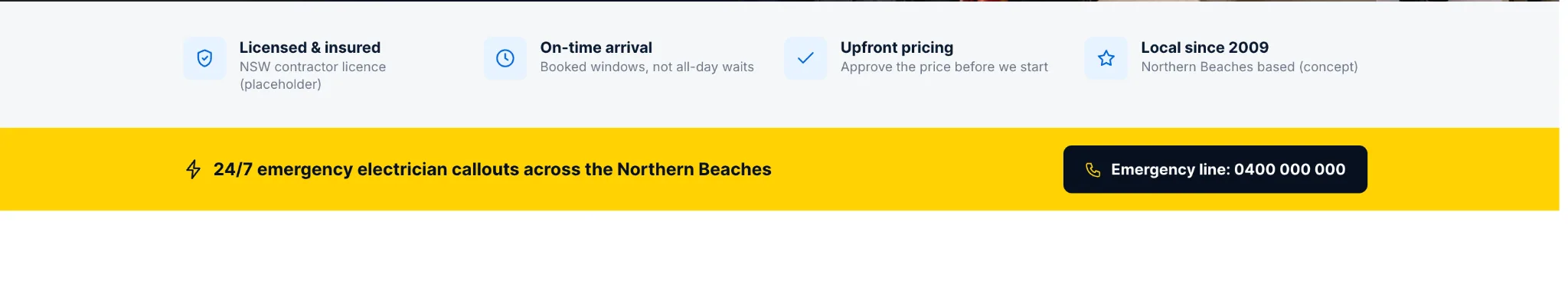 Trust signals section highlighting licensing, insurance and service-area coverage for the Northern Beaches
