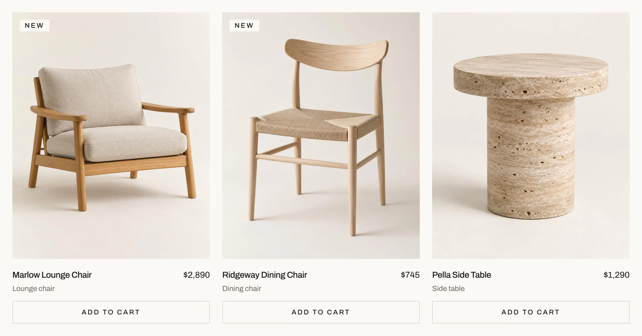 Three Assembly product tiles side by side — Marlow Lounge Chair, Ridgeway Dining Chair and Pella Side Table — each photographed on the same warm stone backdrop with its price and an Add to Cart button