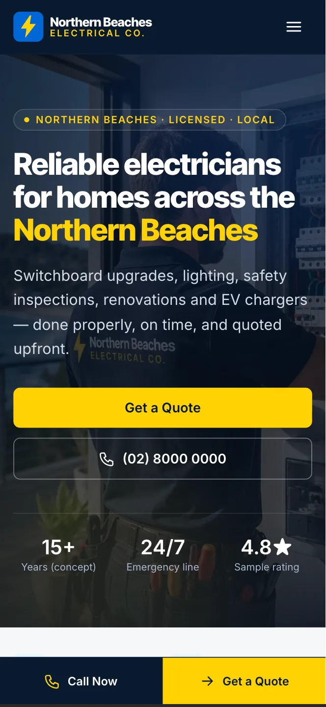 Northern Beaches Electrical Co. homepage on a mobile viewport, showing the stacked hero and call-to-action buttons
