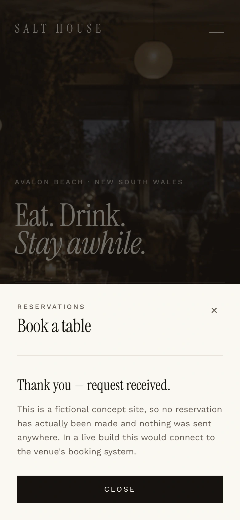 Salt House booking confirmation on a phone, presented as a bottom sheet: “Thank you — request received”