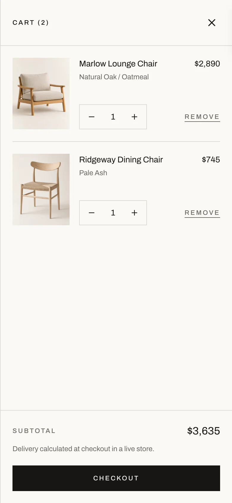 Assembly cart on a phone, filling the screen with two items, quantity controls, the subtotal and a full-width Checkout button