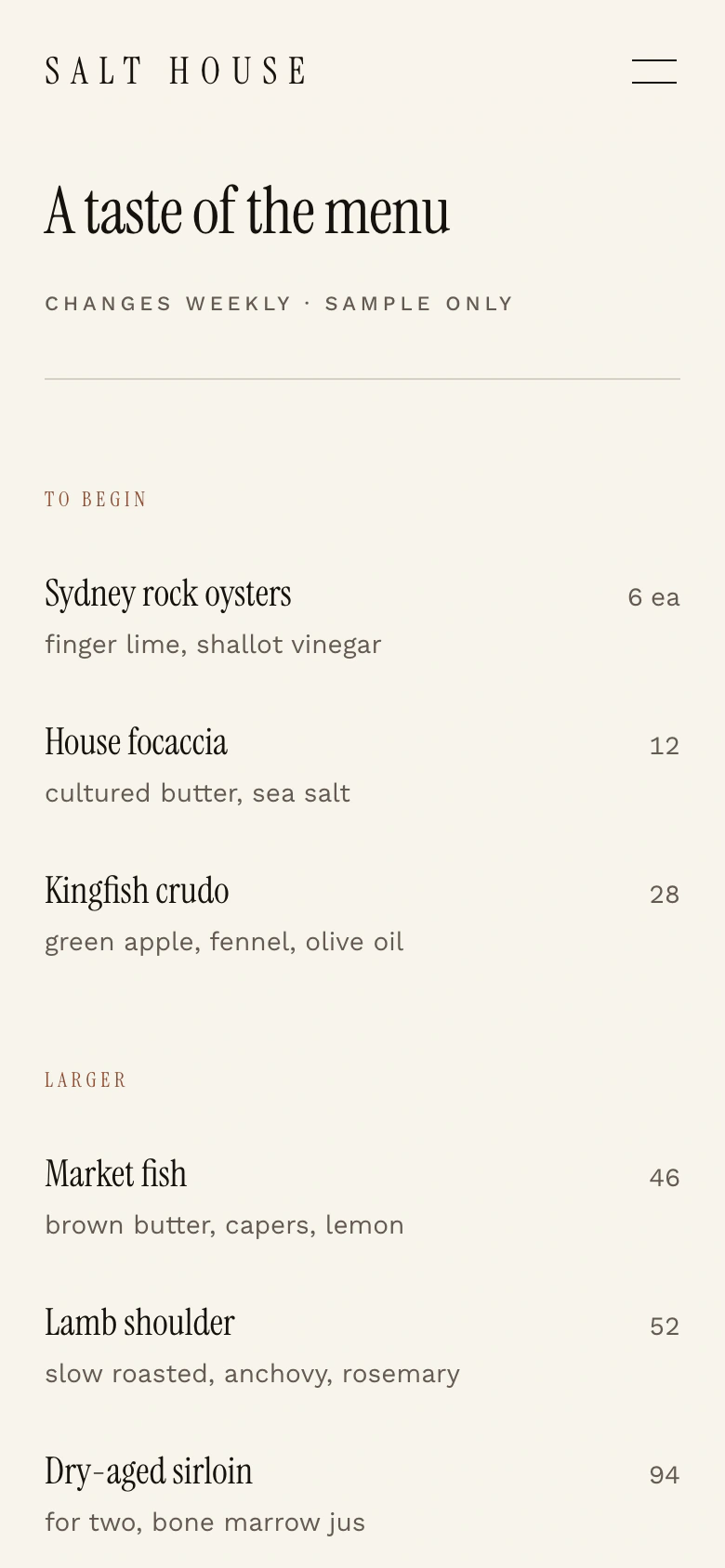 Salt House sample menu on a phone, stacked into a single readable column