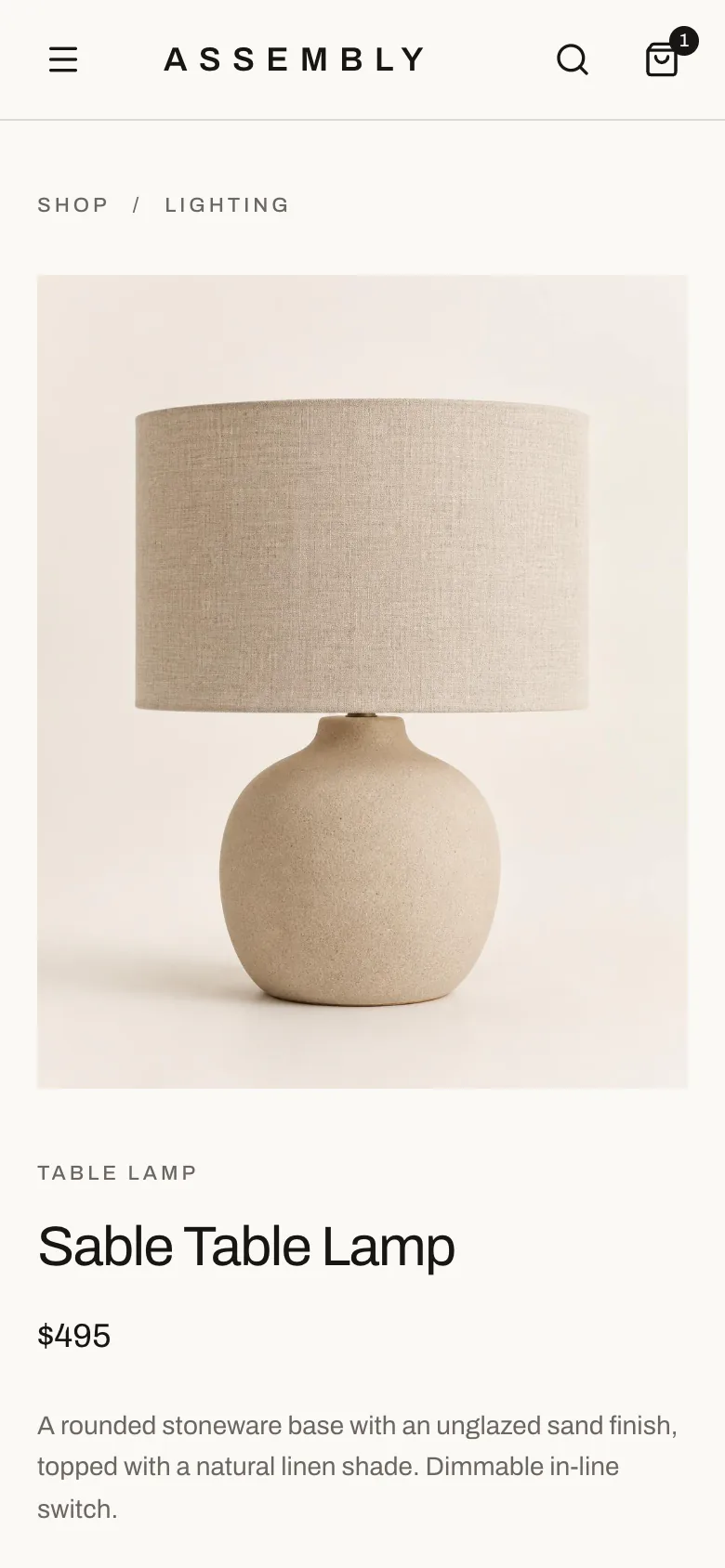 Assembly product page for the Sable Table Lamp on a phone: a full-width product photograph above the name, price and description