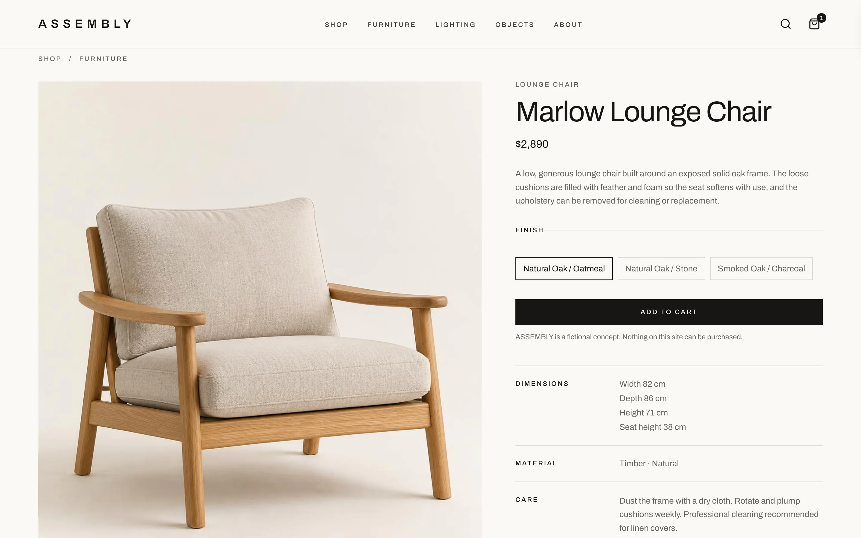 Assembly product page for the Marlow Lounge Chair on desktop: a large product photograph beside the price, three finish options, an Add to Cart button and dimensions, material and care details