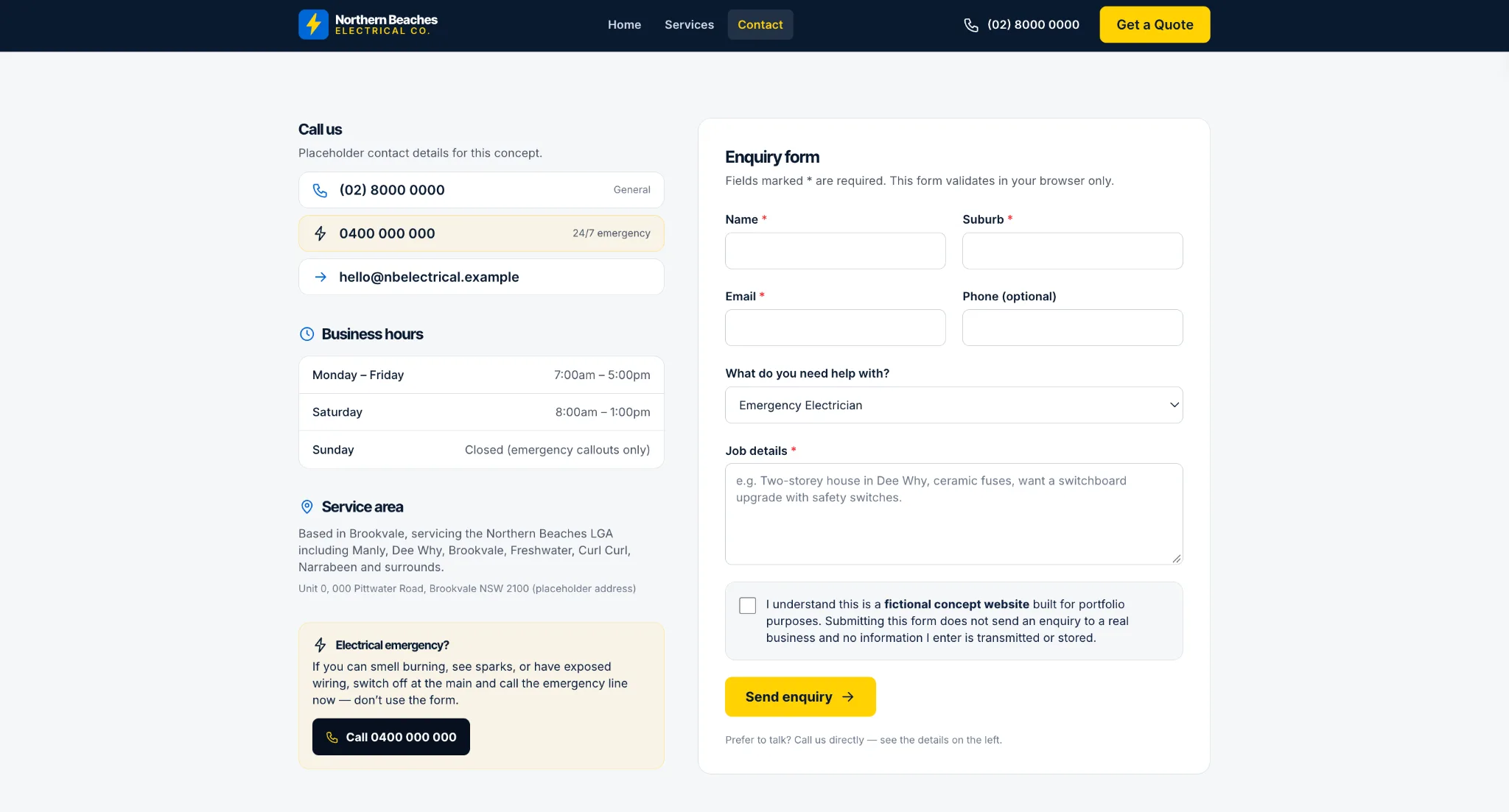 Contact page with the quote enquiry form, a service already selected, alongside phone numbers, business hours and service area