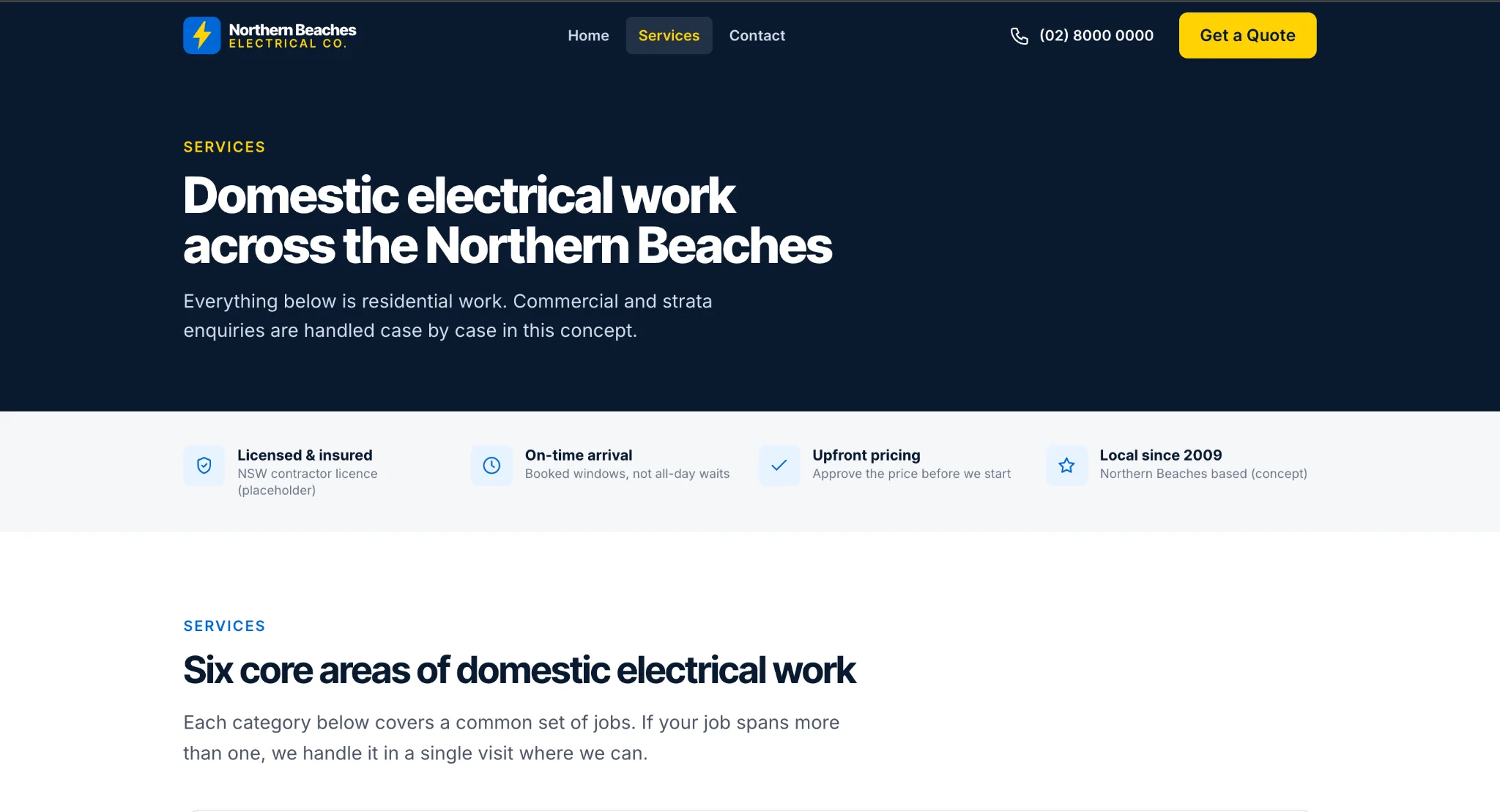 Services page introducing six core areas of domestic electrical work across the Northern Beaches, above a row of trust signals