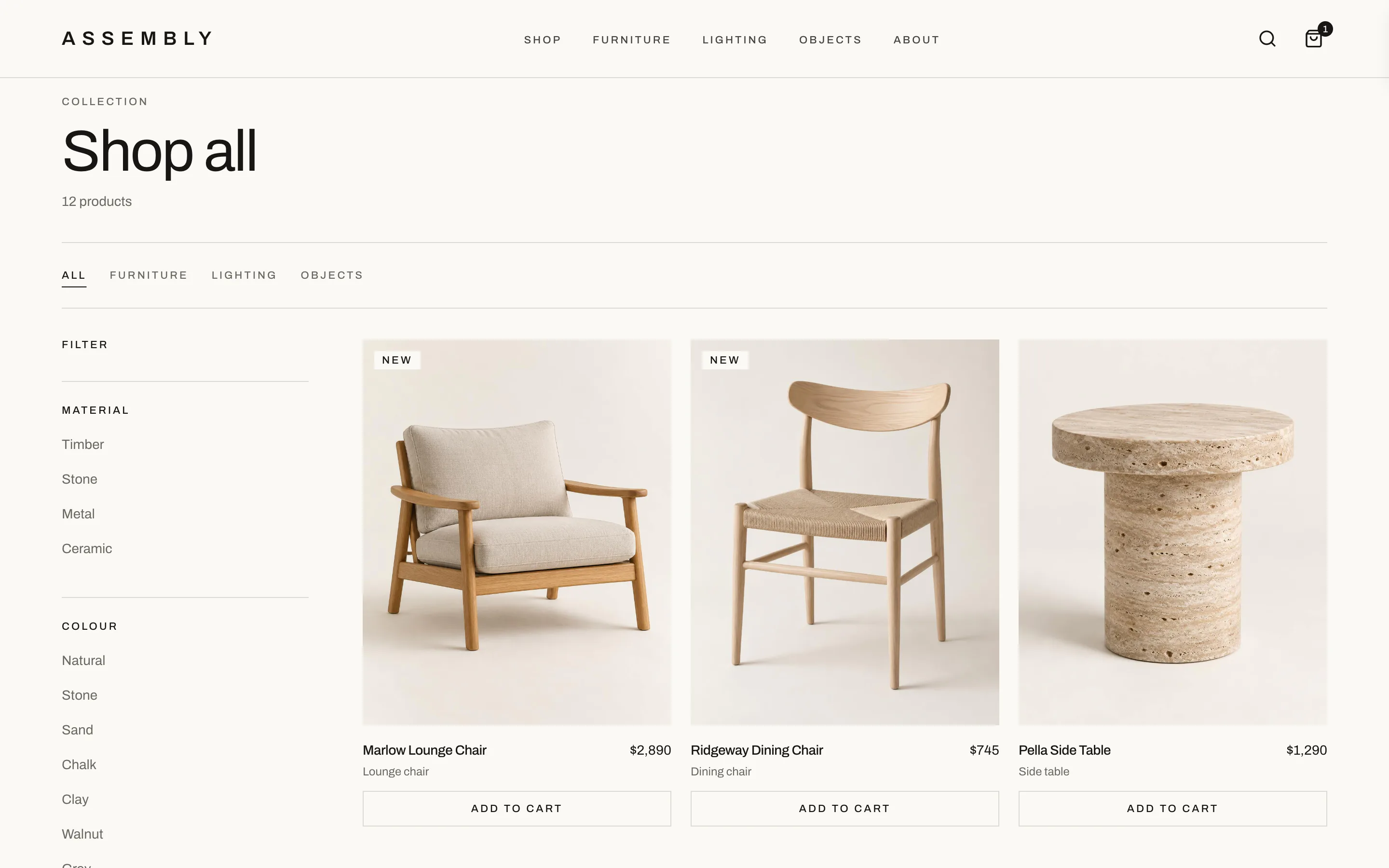 Assembly “Shop all” page on desktop: category tabs for furniture, lighting and objects, material and colour filters down the left, and a three-column product grid with prices