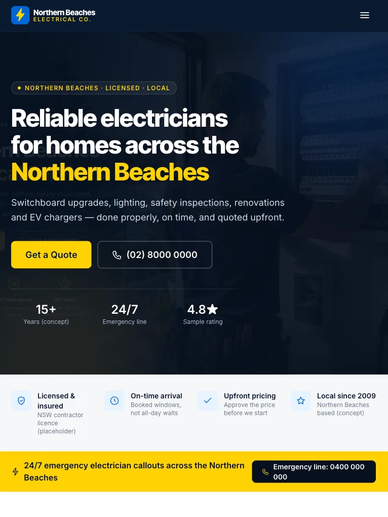 Northern Beaches Electrical Co. homepage on a tablet viewport, showing the layout adapting to a mid-size screen